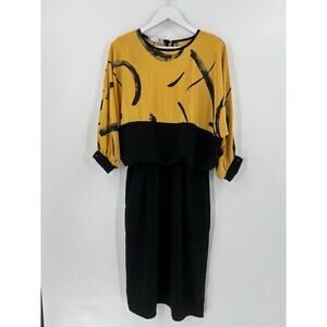 David Warren Vintage Dress Womens 14 Black Gold Union Made Silk Blouson 70s 80s